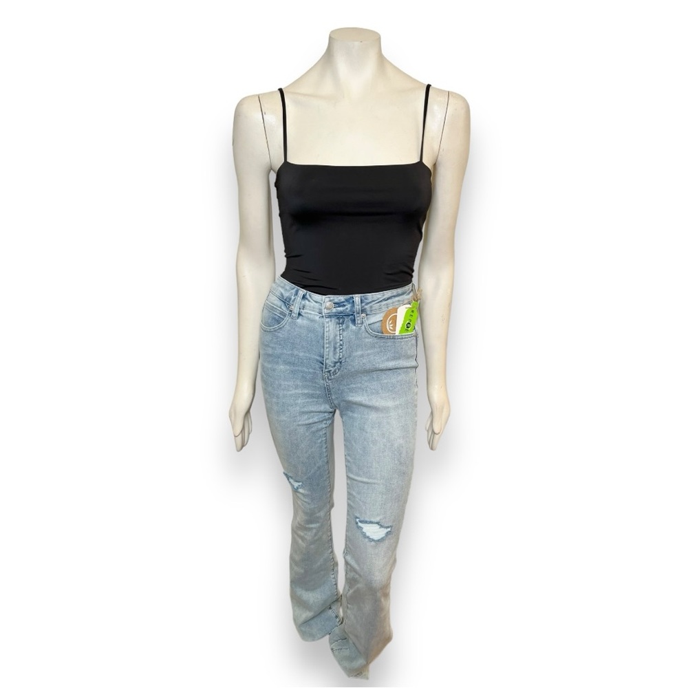 Oat NYC High-Rise Ripped Boot Leg Stretch Recycled Plastic Denim Jeans Size 28